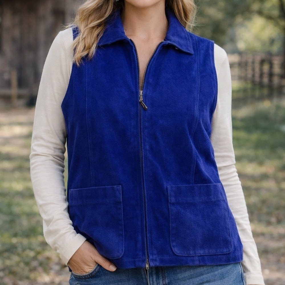 Lisa International Vintage 100% Suede Blue Zip Up Lightweight Vest Western‎
